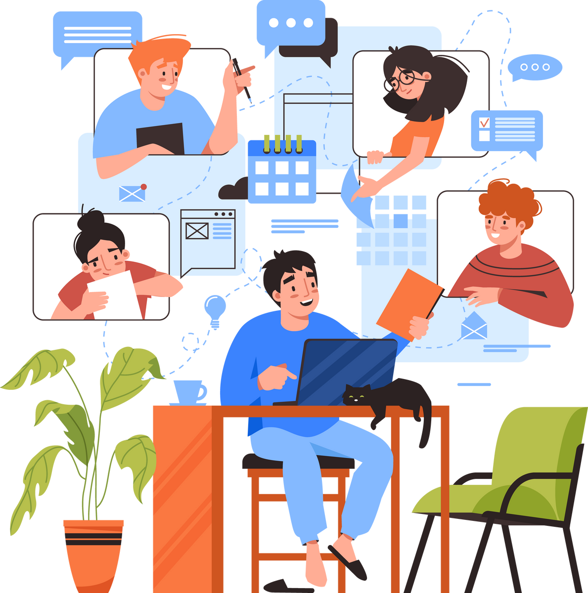 Teamwork online home office, team communication